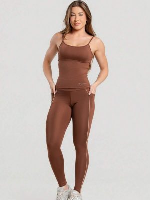 Conjunto Fitness Legging e Regata Suplex Poliester Marrom